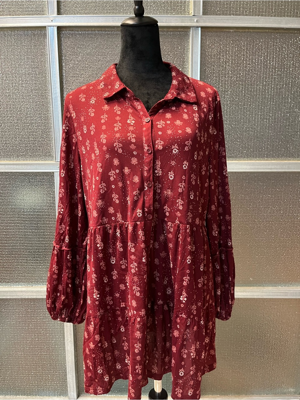 XL Burgundy Style & Co. Womens Tiered Button Down Blouse / Tunic